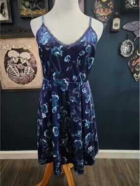 Gothic Hot topic blue velvet dress with coffins and roses